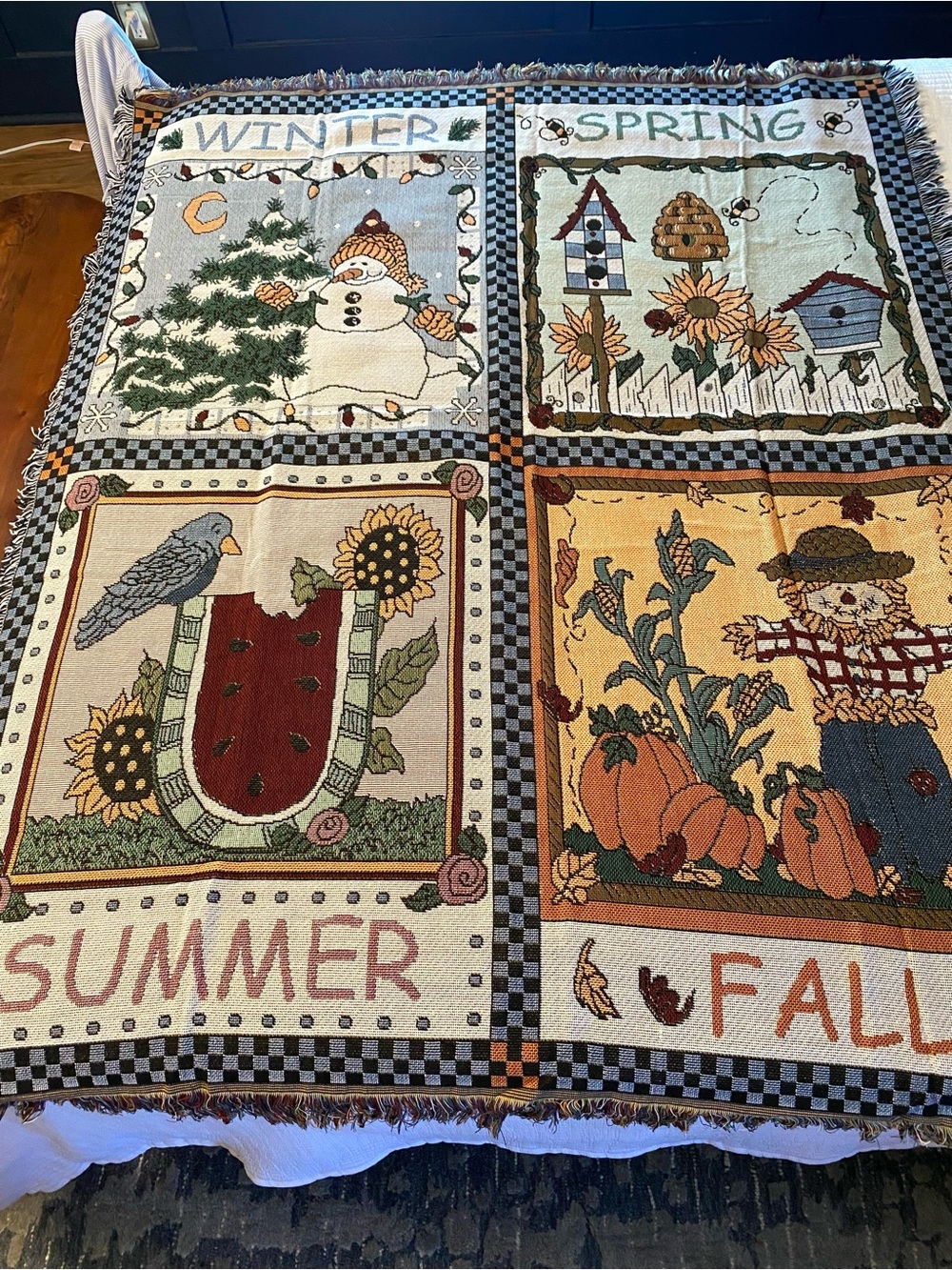 Vintage 1990s American Weavers Tapestry Throw Blanket 4 Seasons Country Decor